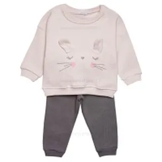 بلوز شلوار اسپرت طرح خرگوش رنگ کرم طوسی پاپو Papo