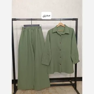 ست مانتو شلوار  دکمه چوبی مدل عسل رنگبندی