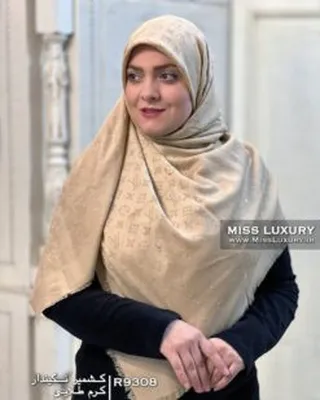 روسری کشمیر نگیندار کرم طلایی R9308