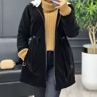 کاپشن زنانه سیلیکونی مشکی گت دار کلاهدار داخل ببعی