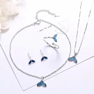 0340. ست نقره دم نهنگ آبی (گوشواره، پابند، دستبند، گردنبند، انگشتر)