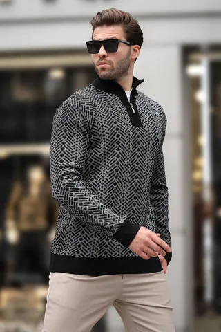 Madmextپلیور بافتنی طرح دار آستین بلند یقه زیپ مشکی