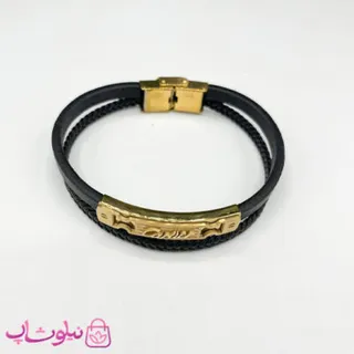 دستبند مردانه طرح کارتیه چرم دو لاین مشکی طلایی کد 1188
