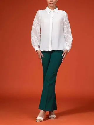 شلوار زنانه پارچه ای کرپ مازراتی دمپا گشاد کلاسیک کامیلا سبز