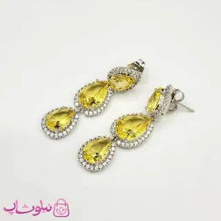 گوشواره آویز زنانه ژوپینگ مجلسی با کریستال زرد اشکی کد 2291