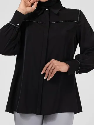 تونیک زنانه کرپ الیزه یقه مردانه نوار دوزی شده پشت پیلی دار کلاسیک الناز مشکی