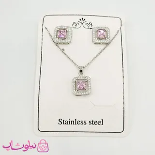 نیم ست زنانه جواهری با کریستال مربعی صورتی کد 228