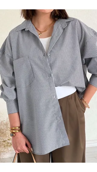 شومیز راه راه طوسی ساده