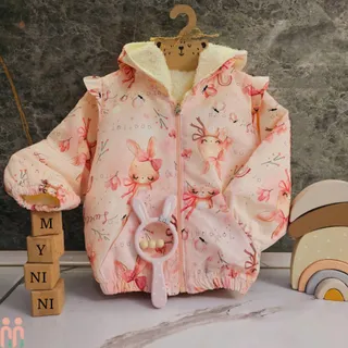 کاپشن دخترانه کلاه دار داخل خز ضدآب صورتی...