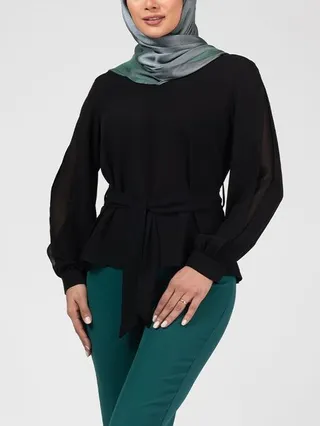 بلوز زنانه کرپ حریر مجلسی ساده کمربند دار غزاله مشکی