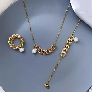 نیم ست استیل کارتیر زنجیر و مروارید