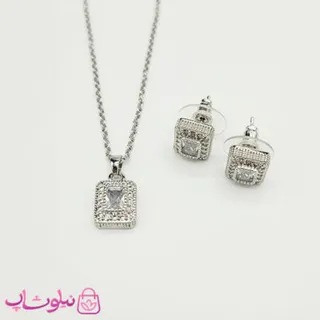 نیم ست زنانه جواهری مدل مستطیل نگیندار نقره ای رنگ کد 228