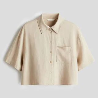 شومیز لینن آستین کوتاه جیبی اچ اند ام