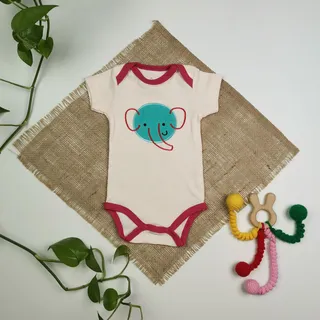 بادی نوزادی پسرانه آستین کوتاه طرح فیل نباتی رنگ – 0-3 ماه