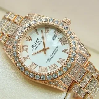 ساعت رولکس فول استون نگین دار بند طلایی صفحه نقره ای ROLEX کد 1426