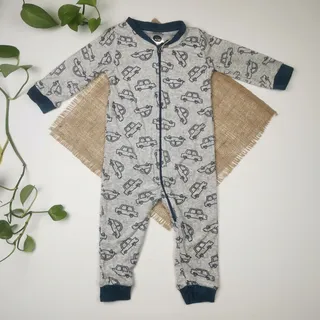 سرهمی نوزادی پسرانه آستین بلند برند lily & Dan طرح ماشین زیپی طوسی رنگ