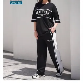 ست تیشرت و شلوار اسلش زنانه پنبه