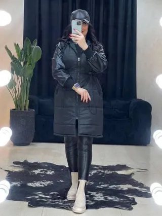 کاپشن زنانه بلند  آستین چرم مدل ناربین