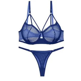 ست شورت و سوتین زنانه شارمین مدل سلندی فنردار هارنس‌دار رنگ آبی کاربنی