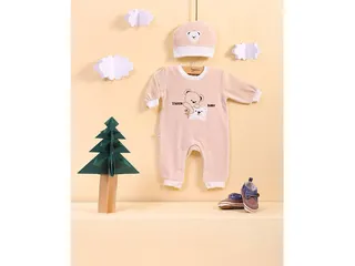 سرهمی مخمل نوزادی دارای کلاه کرم رنگ طرح کله خرس آی نور بیبی inoor baby