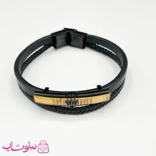 دستبند مردانه چرم و استیل مدل رولکس طلایی مشکی کد 1188
