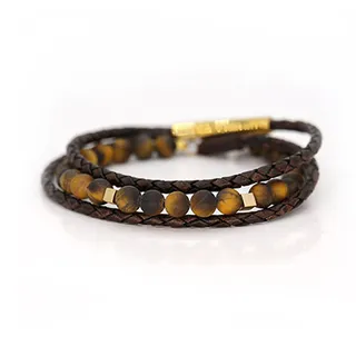 دستبند چرم و طلا مردانه دو مکعب قهوه‌ای