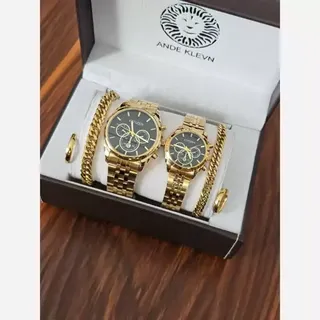 ست ساعت زنانه و مردانه  بند استیل طلایی صفحه مشکی