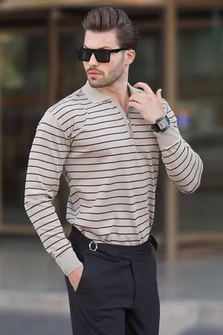 Madmextپلیور بافتنی یقه پولو راه راه زیپ دار