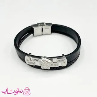 دستبند مردانه چرم و استیل مدل ورساچه برجسته مشکی نقره ای کد 1188