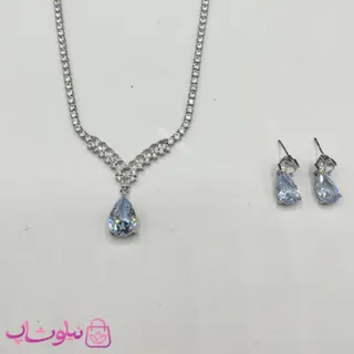 ست گردنبند و گوشواره زنانه تنیسی با کریستال اشکی آبی کد 600