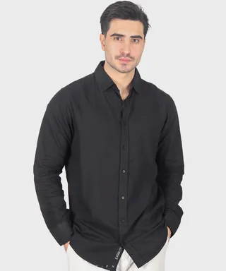 پیراهن لینن مشکی مردانه آستین بلند 5436