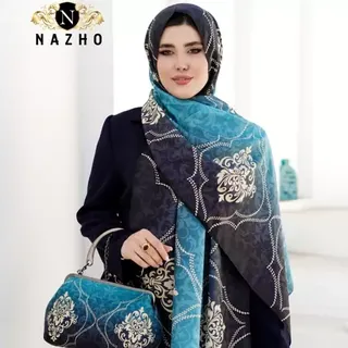 ست کیف و شال (روسری) سنتی آبی با کیف نوستالژی و شال نخی یا روسری نخی قواره 140