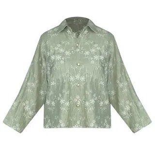 شومیز آستین بلند یقه برگردان زنانه مدل کلوش لینن خامه دوزی کد AK1302 رنگ سبز