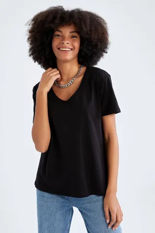 Defactoتیشرت یقه کوتاه 100% پنبه ای معمولی M9545az22sp