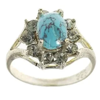 انگشتر نقره زنانه مدل سنگ فیروزه نیشابور مخراج برلیان کد ۱۱۰۰