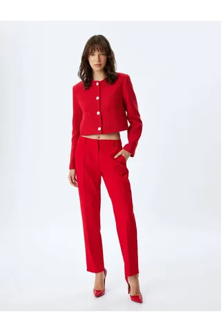 Kotonجیب دکمه ای یقه گرد ژاکت Tweed Crop Fit منظم