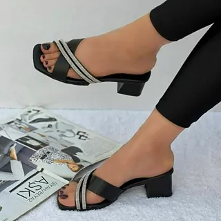 صندل پاشنه دار نگینی زنانه دخترانه کفش روفرشی رو فرشی مشکی پاشنه �بلند تابستانی تابستونی طبی نگین دار نگین دار لژدار صسپج