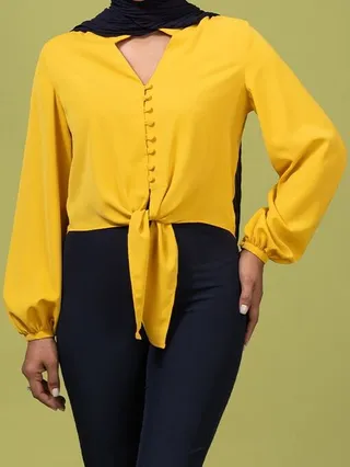 شومیز زنانه کرپ الیزه گره ای تابستانی یقه هفت آزیتا زرد