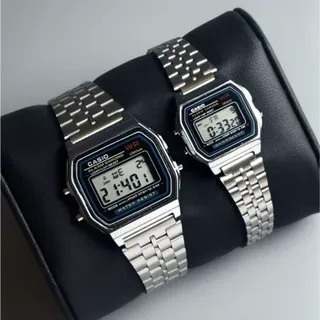 ست ساعت مچی زنانه و مردانه کاسیو دیجیتالی نوستالژی بند نقره ایی استیل CASIO کد1962