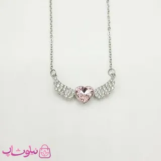 گردنبند دخترانه استیل نقره ای مدل قلب صورتی بالدار کد 116