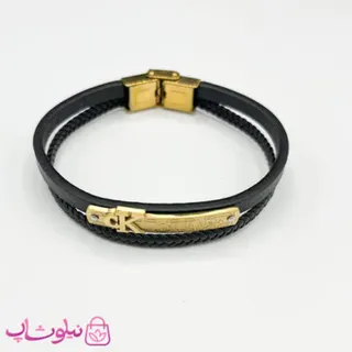 دستبند مردانه طرح سی کی CK چرم مشکی طلایی کد 1188