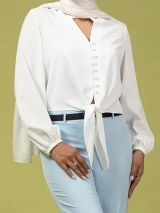 شومیز زنانه کرپ الیزه گره ای تابستانی یقه هفت آزیتا سفید