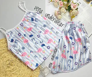 لباس خواب ساتن زنانه دو تکه طرح فلامینگو