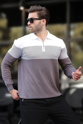 Madmextپلیور آستین بلند بلوکی رنگ یقه زیپ خاکستری