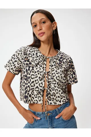 Kotonپلنگ الگوی بلوز بلوز الگوی توری توری کودک توری توری باریک با آستین کوتاه