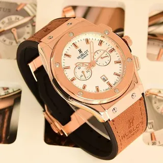 ست ساعت هابلوت HUBLOT تقویم دار(رنگ قهوه ای صفحه سفید ) کد 1029 به همراه جعبه شکیل