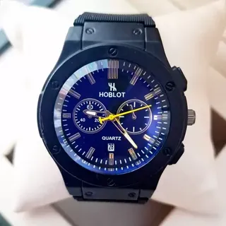 ساعت مچی مردانه (پسرانه) هابلوت Hublot تقویم دار عقره ایی بند سیلیکات مشکی طرح دو موتوره مشکی عقربه طلایی کد2741