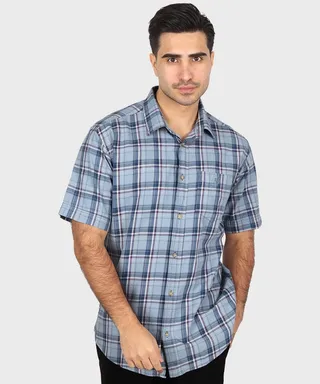 پیراهن مردانه آستین کوتاه چهارخانه آبی 0938