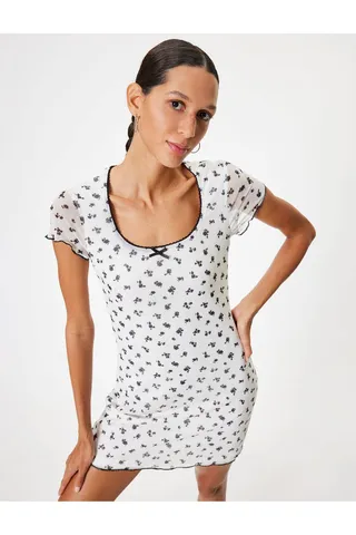 Kotonلباس کوتاه گلدار آستین کوتاه A-Line پاپیون با جزئیات یقه U