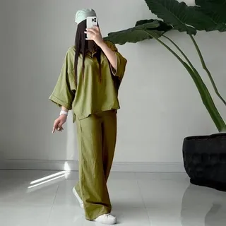 ست شومیز شلوار جلو بسته زنانه جنس لینن 